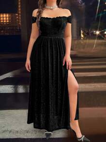 SHEIN Belle 大尺碼露肩高開衩下擺連身裙