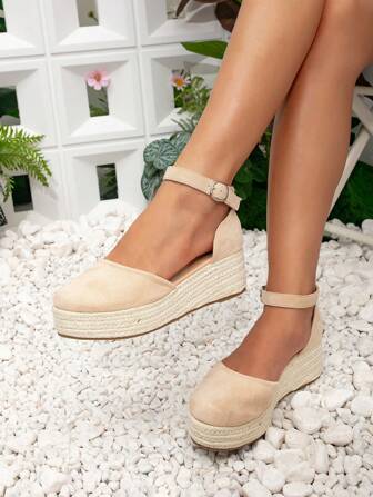 Simple Campus Style Solid Color Woven Wedge Sandals For Women, Platform Shoes With High Heel & Height-Increasing Function