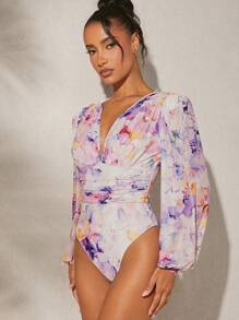 L'Amorae Elegant Allover Floral Print Lantern Sleeve Ruched Bodysuit