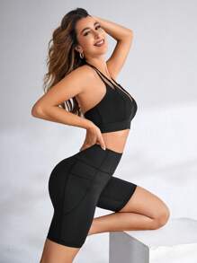 Easithlete Solid Color High-Waisted Slim Fit Sports Shortsbiker Shorts - Black - View 4