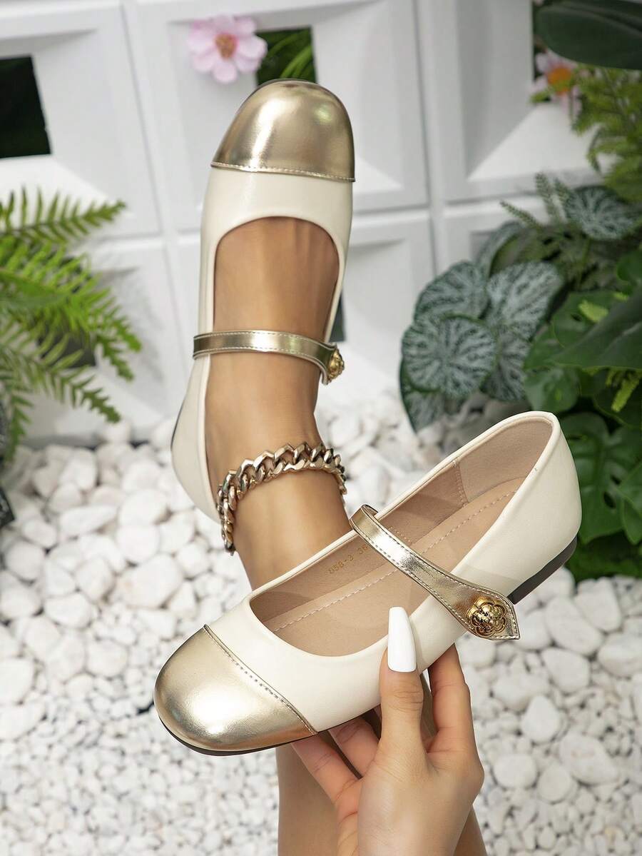 法式玛丽珍女鞋，蝴蝶结设计低鞋面，单带，通勤全配线，平底低跟，优雅女士平底浅米色鞋 - 米色 - 查看 1