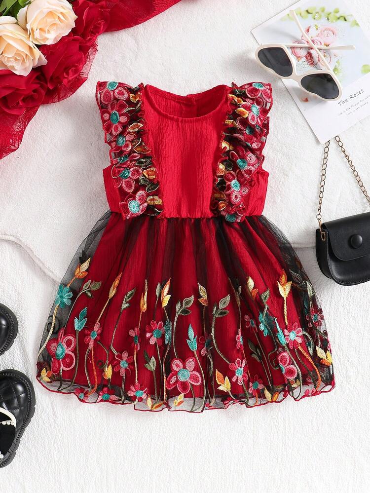 Elegantes Sommerkleid für Baby Mädchen mit besticktem Mesh-Flügelärmel und Blumenmuster