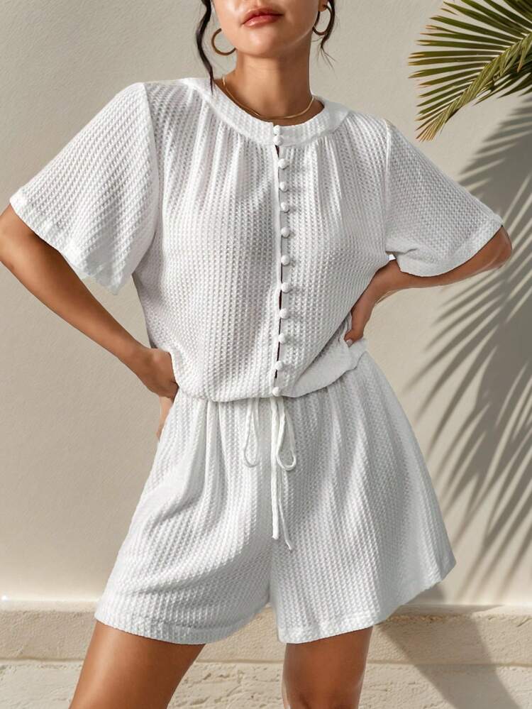 Women's Short Sleeve Button Down Collar Romper