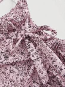 SHEIN MOD Váy ngắn mùa hè hở lưng xếp nếp viền bèo nhún in hoa - Hồng - Xem 3