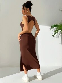 SHEIN EZwear 夏季簡約無袖魚尾搭扣露背連衣裙 - 咖啡棕 - 查看 4