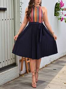 SHEIN Clasi Plus Size Color Block Striped Print Patchwork Ruffle Halter Neck Dress - Multicolor - View 3
