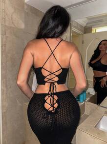 Zolique Conjunto de dos piezas de Prenda de punto de mujer sólido con detalle de tejido calado - Negro - Ver 5