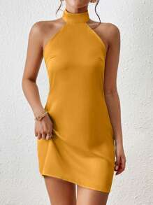 GENKIRA Women Dresses Backless Simpul Zip Plain Seksi - Emas - View 4