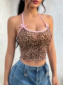 SHEIN EZwear Leopard Print Knitted Women's Cropped Slim Fit Halter Neck Top With Bow Decoration