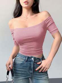 DAZY 女士無肩帶短袖純色短款上衣 - 粉色 - 查看 4