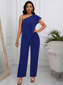 SHEIN Clasi Mono de pierna ancha con hombros asimétricos y volantes de unicolor de moda de verano para mujeres