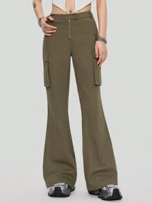 SHEIN EZwear Women's Cargo Pocketed Ultra-Low Rise Bootcut Pants - Army Green - View 3