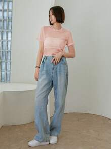 DAZY 女式夏季圆领网眼短袖透明上衣，返校服装 - 粉色 - 查看 7