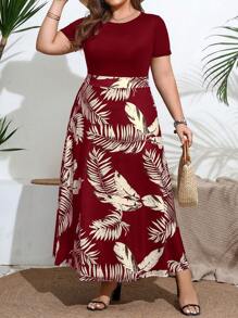 SHEIN Frenchy Plus Size Round Neck Short Sleeve Summer Boho Dress With Plant Print,Beach Dress Sundress,Holiday Outfits