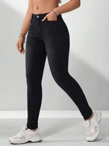 EMERY ROSE Slim Fit Denim Jeans With Slanted Pockets And Button Closures, Casual And Versatile - Black - View 2