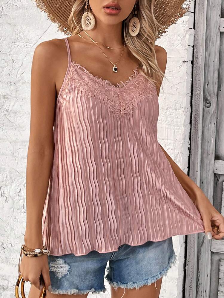 Women Lace Decorated Pleated Camisole Top