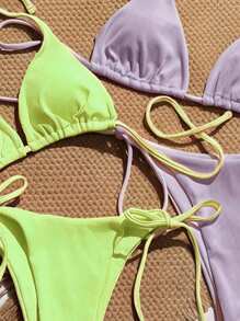 SHEIN Swim 2套純色露背頸掛式側系綁帶二件式比基尼套裝，夏季海灘霓虹比基尼 - 彩色 - 查看 3