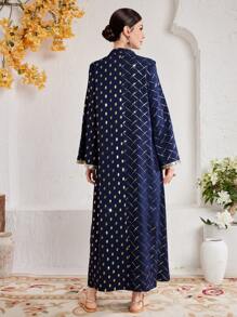 Al Najma 春季印花裙，配有閃粉帶和飄逸袖子 - 寶藍色 - 查看 2