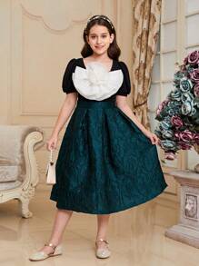Tween Girl Lovely 3d Flower Puff Sleeve T-Shirt - Black and White - View 8