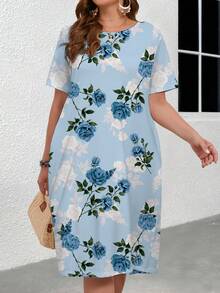 EMERY ROSE 優雅大尺碼女士花卉印花緊身連衣裙，帶玫瑰圖案 - 杏色 - 查看 3