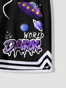 ROMWE MEN Street Life 男士外星人印花籃球短褲,帶拉繩設計 - 黑色 - 查看 6