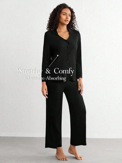 Ocili Leisure Stretchy Comfy Ladies' Casual Homewear Lounge Set , Black Holiday Season Cozy Outfit, Fall Winter Clothes