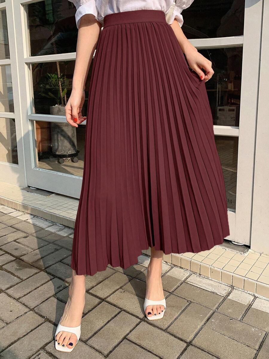 DAZY Women's Solid Color Pleated Midi Skirt For Spring/Summer,Ruffle,Back To School Clothes - Burgundy - View 1