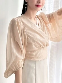 DAZY 纯色灯笼袖后系带衬衫，荷叶边长袖上衣 - 杏色 - 查看 3