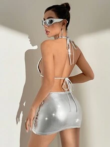 SHEIN Unity Bộ trang phục hai mảnh áo yếm màu trơn có chi tiết thắt nút phía sau và chân váy midi khoét rỗng - Bạc - Xem 2