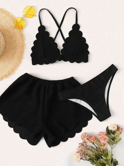 Swim Mod Bañador bikini triángulo ribete en abanico con shorts de playa