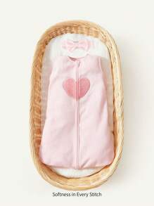 Cozy Pixies 1 套舒适小熊心刺绣柔软舒适无袖婴儿睡袋和 1 个头带，适合情人节爱心情人节 - 淺粉色 - 查看 2