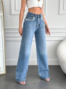 Wash Pocket Wide Leg Jeans - Medium Wash - View 5
