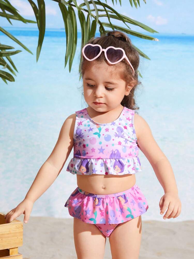 Baby Girl Swimsuit (Random Print) With Multiple Pieces Set And Quick-Dry Towel