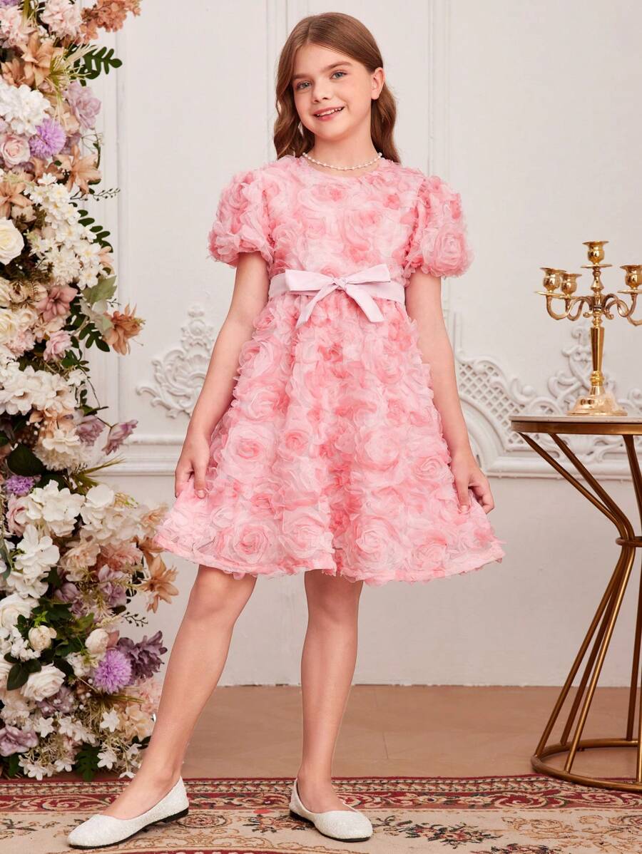 Tween Girl's & Bubble Sleeve Floral Embroidered Dress With Waist Belt, Spring/Summer