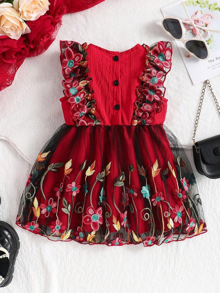 Elegantes Sommerkleid für Baby Mädchen mit besticktem Mesh-Flügelärmel und Blumenmuster