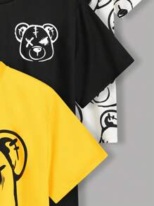 SHEIN Leap Crew Ensemble De 3 T-shirt À Manches Courtes En Tricot Amples Et Imprimés De Motif D'ours Pour Garçons D'âge Moyen De Style Coréen, Un Dans Chaque Couleur - Jaune citron - Voir 5