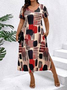 SHEIN LUNE Plus Size Casual Color Block Round Neck Short Sleeve Dress For Summer - متعدد الألوان - مشاهدة 7