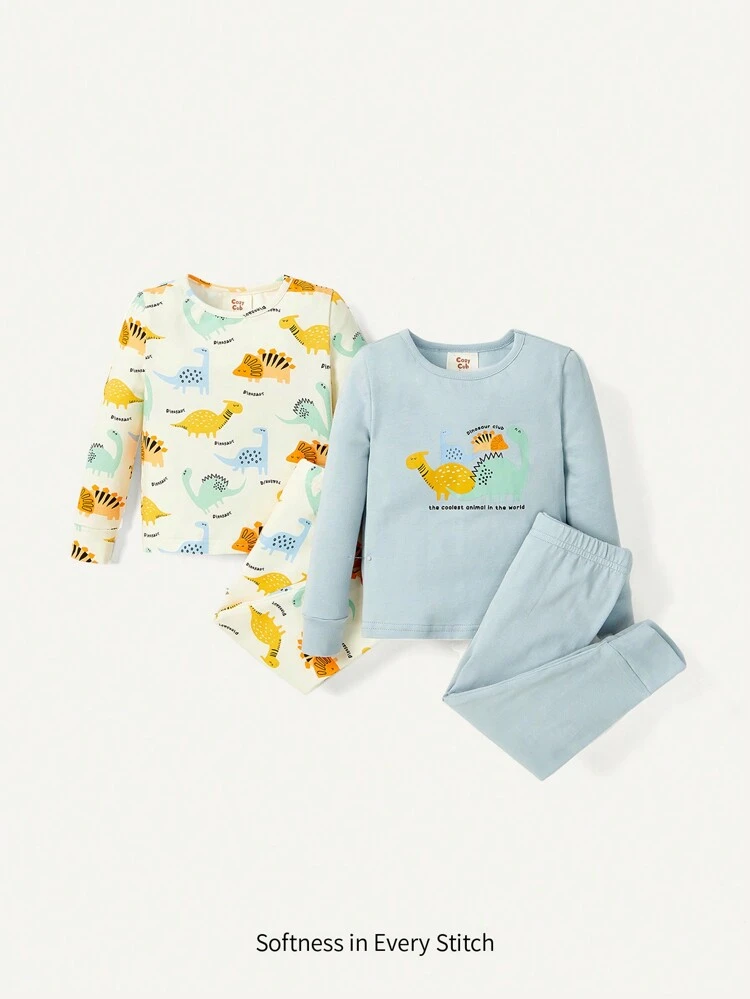 Baby Boy Snug Fit Pajamas, Cartoon Little Dinosaur Printed Round Neck Long Sleeve Top And Pants, Homewear Set Of 4 Pieces