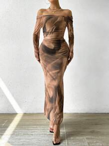 Islaluna 女式春夏露肩长袖扎染侧开衩修身连衣裙长款女装秋季女装 - 卡其色 - 查看 3