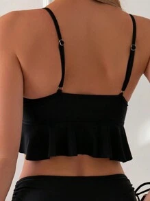 Swim Basics Summer Beach Hollow Out Strap Tie And Spaghetti Strap Bikini Set - Black - View 4