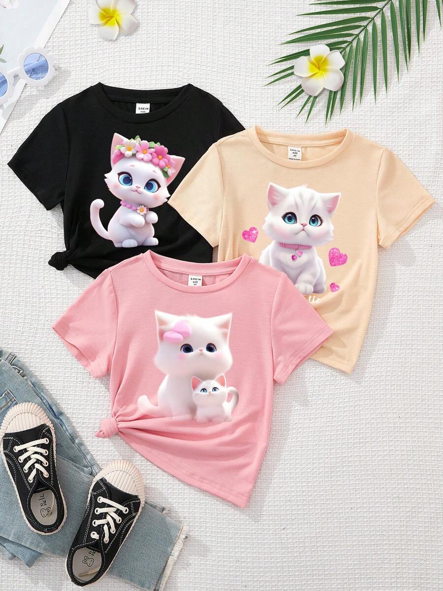 SHEIN 青少女3入組休閒、簡單、可愛的貓卡通圖案T恤，適合夏天 - 彩色 - 查看 1