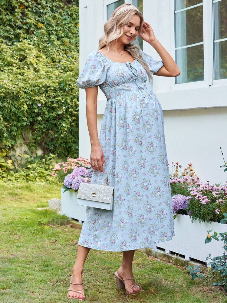 Maternity Romantic Vacation Puff Sleeve Sweetheart Neck Midi Bodycon Dress