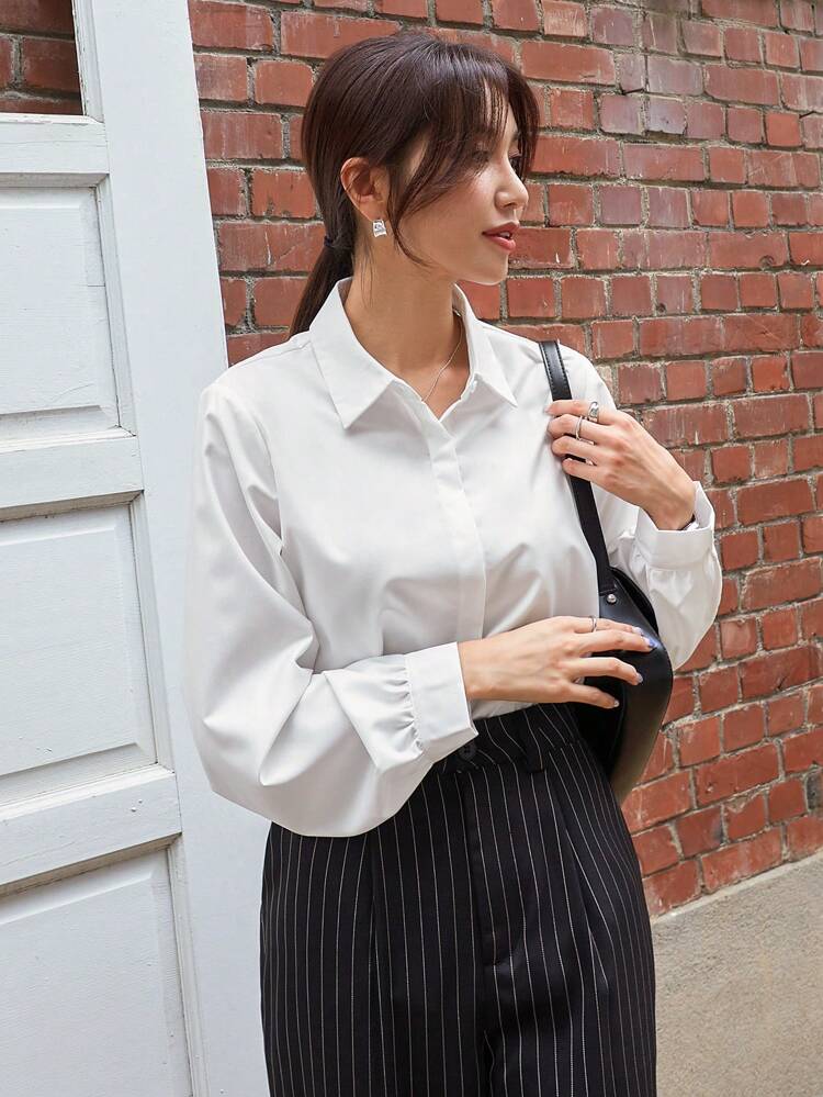 Solid Color Turn-Down Collar Long Sleeve Casual Shirt,Long Sleeve Tops Summer