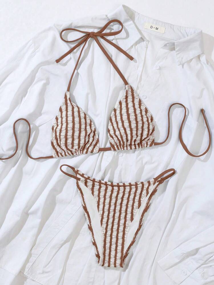 Women's Striped Halter Tie Bra & Swim Bottom Bikini Set Bathing Suit For Summer Beach