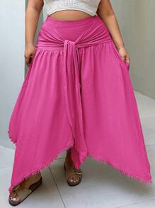 SHEIN SXY Plus Size Nữ Màu Trơn Thắt Eo Váy Dài Viền Bất Đối Xứng - Màu Hồng Tươi - Xem 1