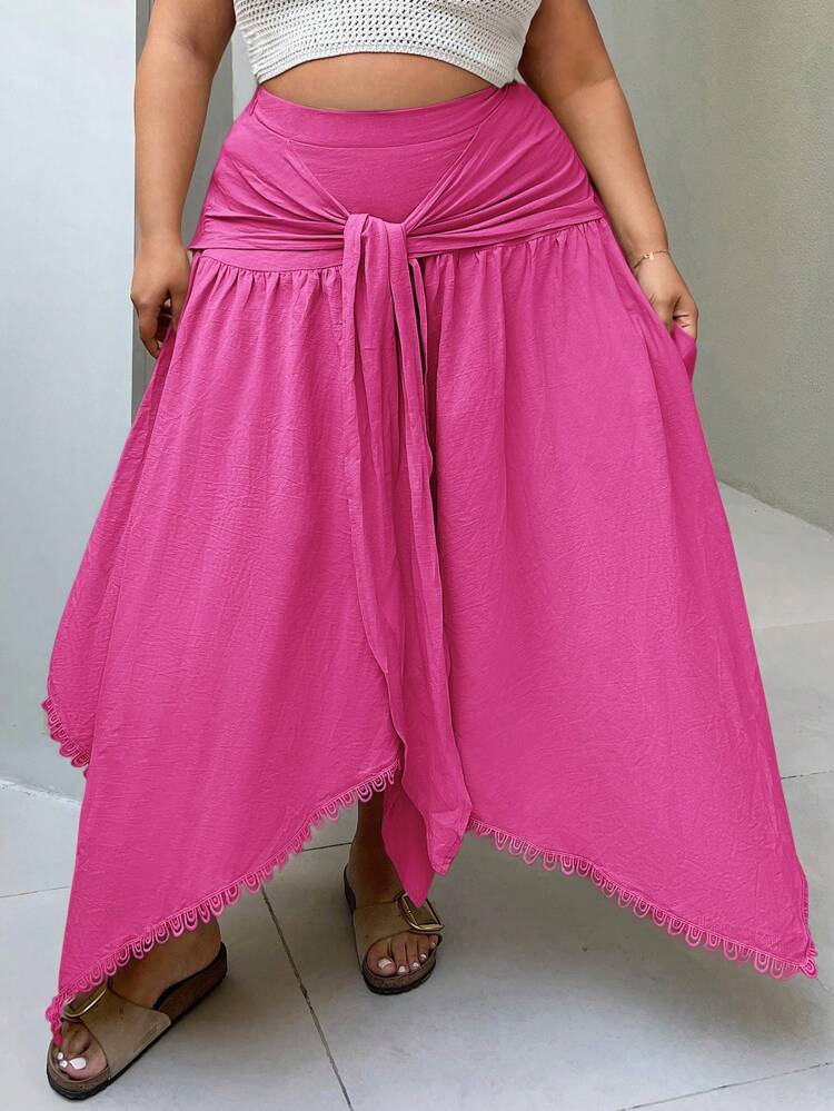 Plus Size Women's Solid Color Waist Tie Asymmetric Hem Long Skirt