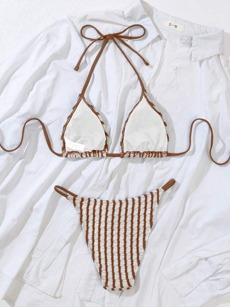 Women's Striped Halter Tie Bra & Swim Bottom Bikini Set Bathing Suit For Summer Beach