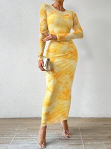 SHEIN ChicEase Women Fashionable Yellow Long Sleeve Bodycon Dress Maxi Women Outfit Fall Cloth For Women - Yellow - View 5