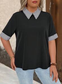 SHEIN LUNE Plus Size Men's Summer Casual Patchwork Gingham Printed Short Sleeve Shirt