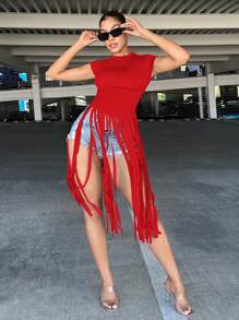 SHEIN SXY 女性夏季圓領短袖t恤,配流蘇邊,修身版型 - 紅色 - 查看 3